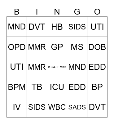 MEDICAL ABBREVIATIONS Bingo Card