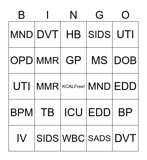 MEDICAL ABBREVIATIONS Bingo Card