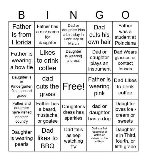 Father- Daughter Bingo Card