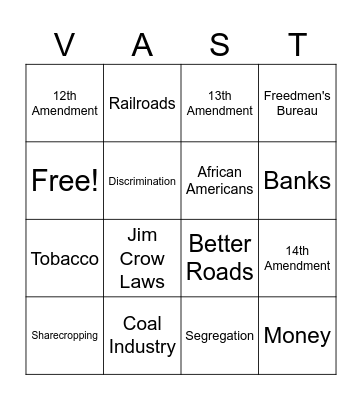 Reconstruction Era Bingo Card