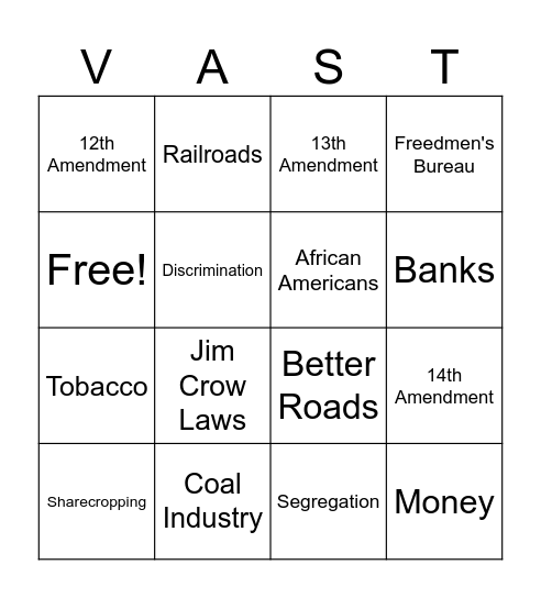 Reconstruction Era Bingo Card