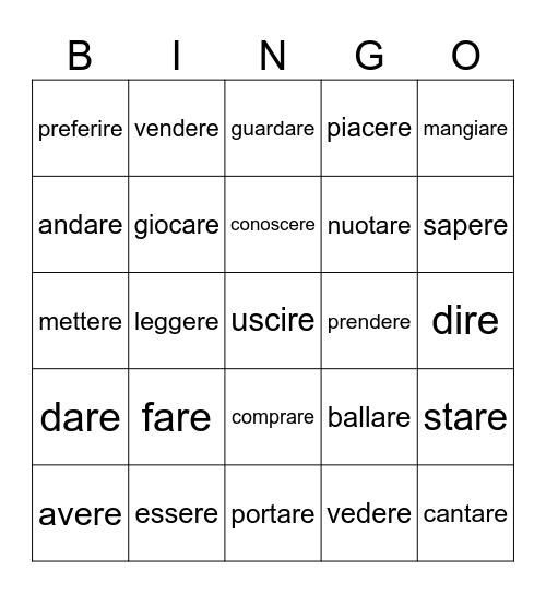 High Frequency Italian Verbs Bingo Card