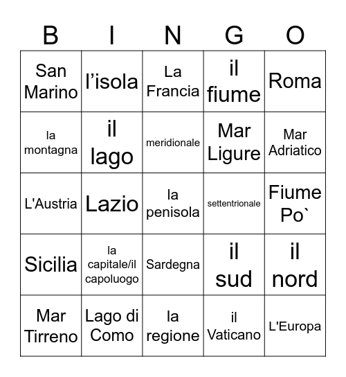 La Geografia dell'Italia Bingo Card