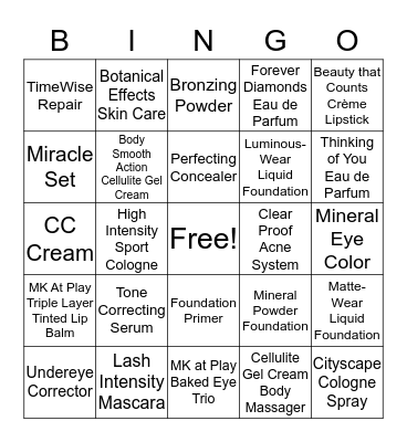 Mary Kay Bingo Card