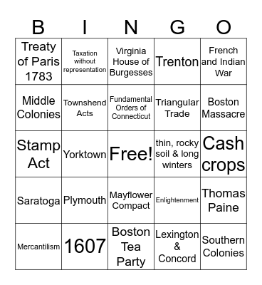 Colonial & Revolution Bingo Card