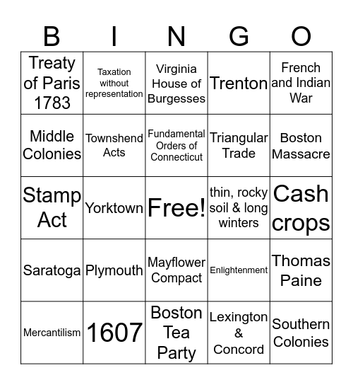 Colonial & Revolution Bingo Card