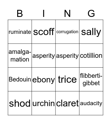 Pepins Vocabulary Bingo Card