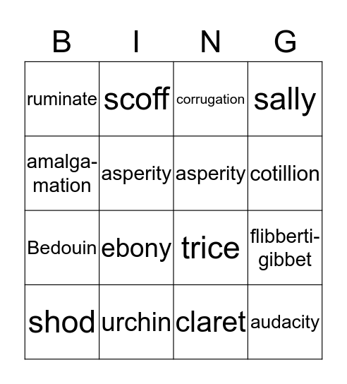 Pepins Vocabulary Bingo Card