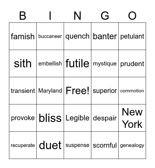Vocab Bingo Card