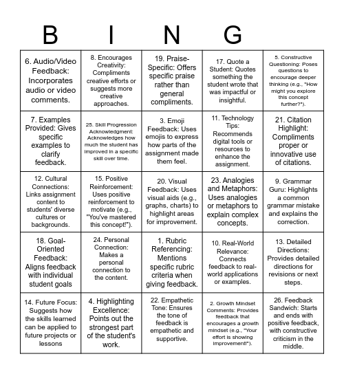 Grading Bingo Card
