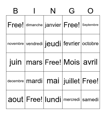 Days/Months French Bingo Card