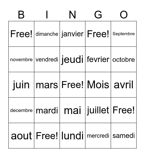 Days/Months French Bingo Card