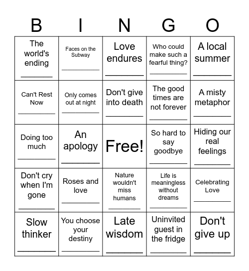 Poetry Month Bingo Card