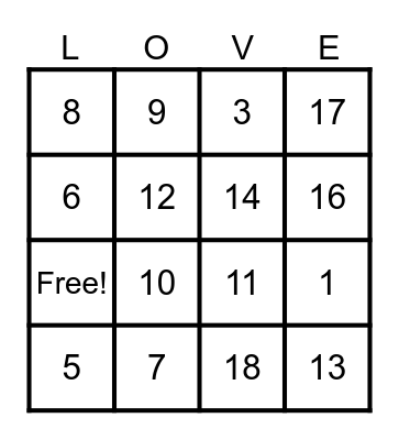 LOVE Bingo Card