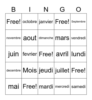 Days/Months French Bingo Card