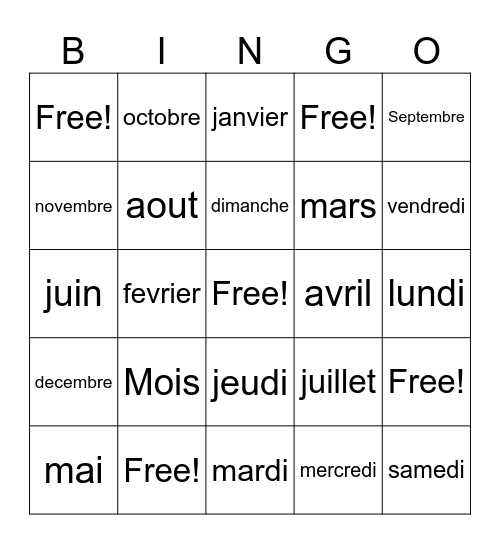 Days/Months French Bingo Card