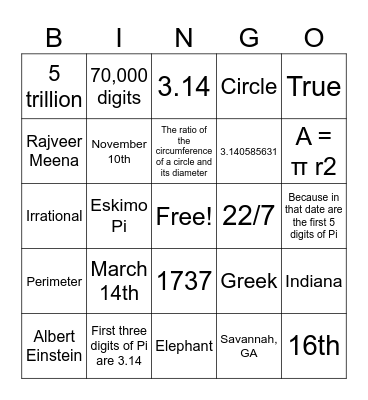 Pi Day Bingo Card