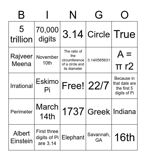 Pi Day Bingo Card