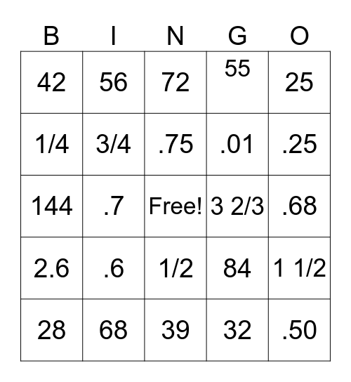 Math Bingo Card