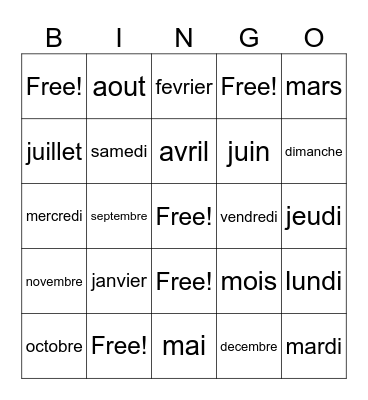 Days/Months French Bingo Card