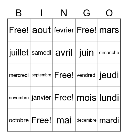 Days/Months French Bingo Card