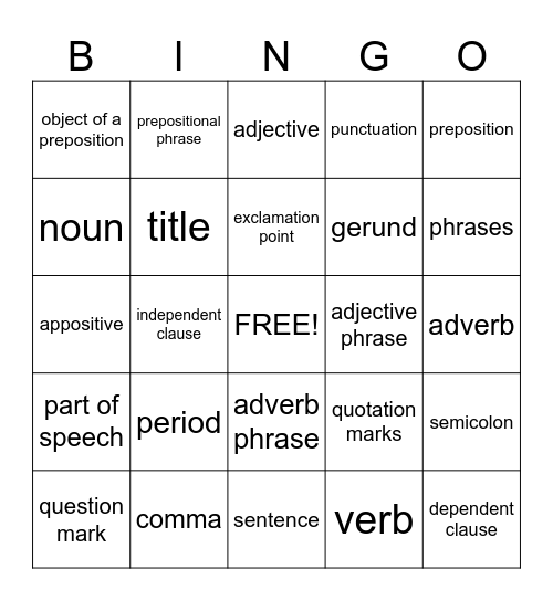 8th Grade Grammar Bingo Card