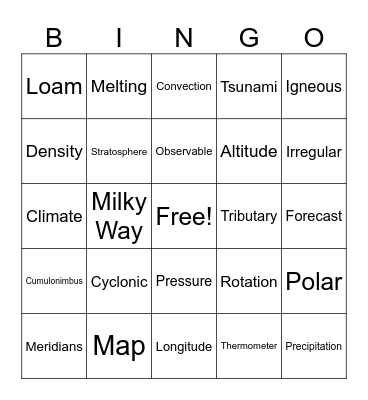 Earth Science Bingo Card