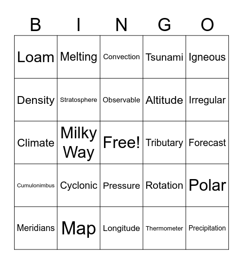 Earth Science Bingo Card