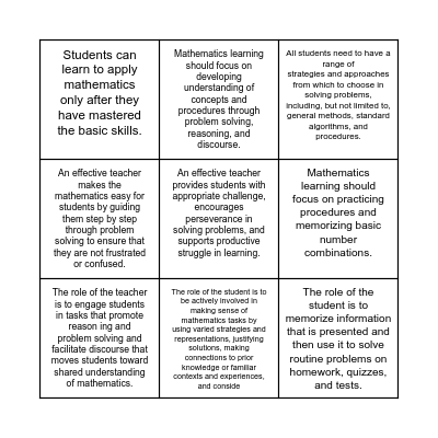 Productive and Unproductive Beliefs about Teaching and Learning Mathematics, NTCM Bingo Card