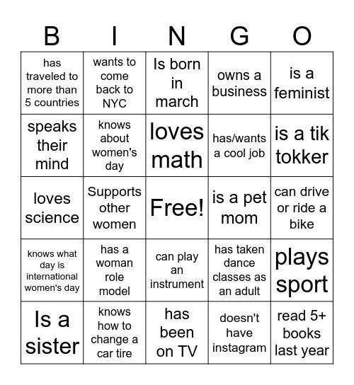 International Women's day Bingo Card