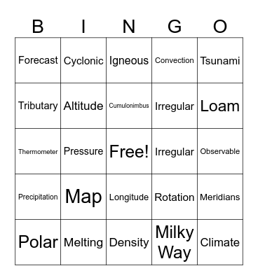 Earth Science Bingo Card