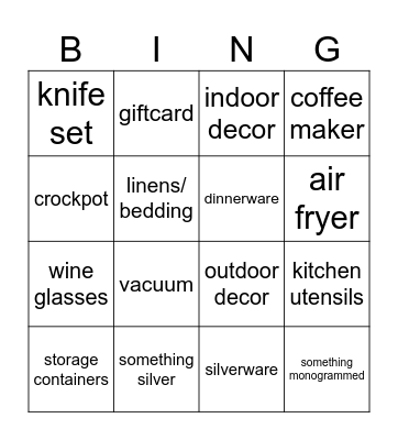 Bridal Shower Bingo Card