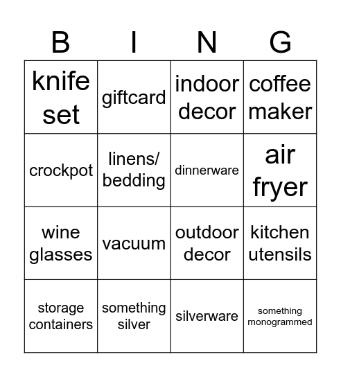 Bridal Shower Bingo Card