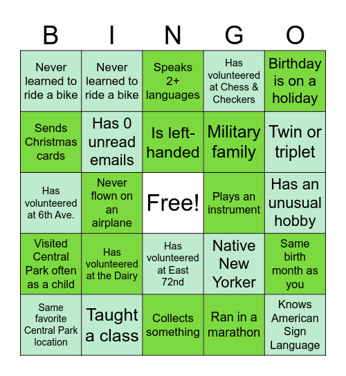 Central Park Greeter Bingo Card