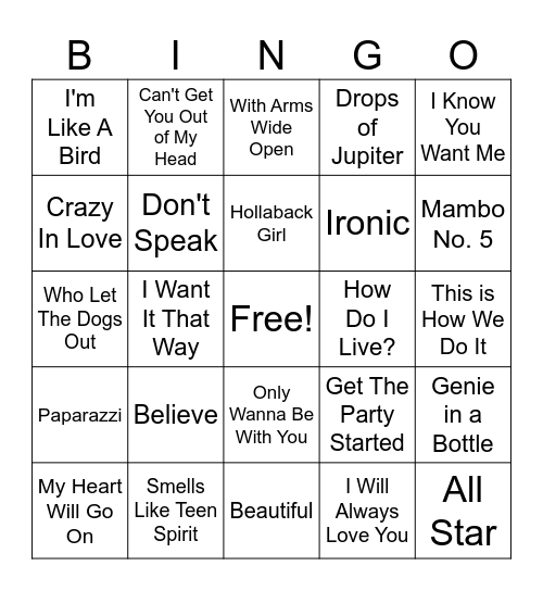 1990's & 2000's Music Bingo Card