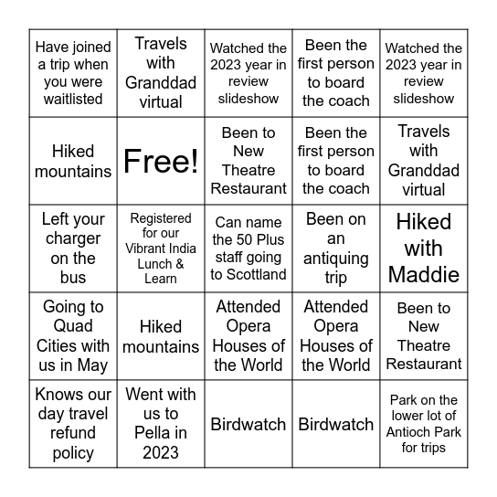 Four in a Road Bingo Card