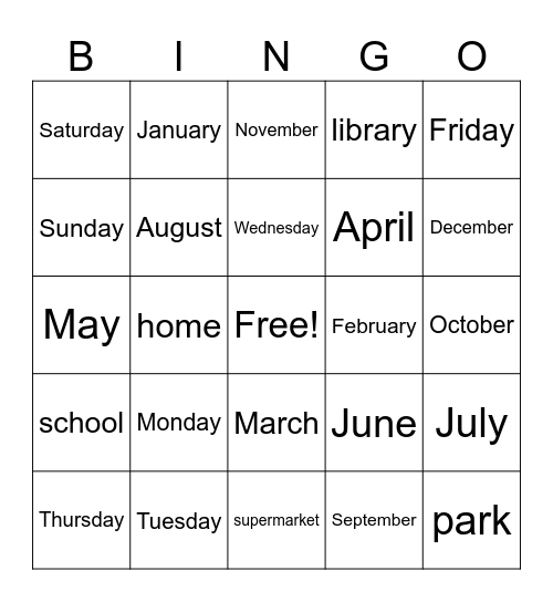 G2 Month, Days of the Week, Town (Eng) Bingo Card