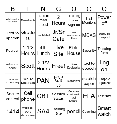 MCAS Test Administration Training Bingo Card