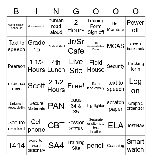MCAS Test Administration Training Bingo Card