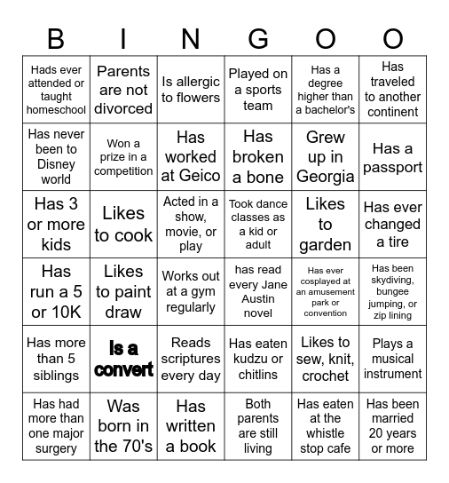 Georgia church bingo Card