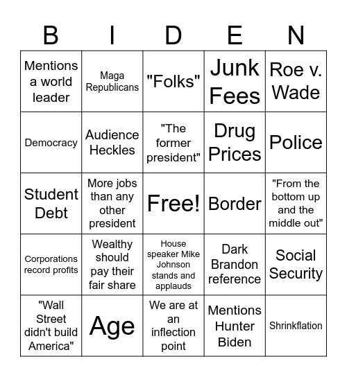 State of the Union 2024 Bingo Card