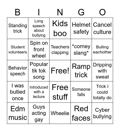 Anti bully bmx Bingo Card