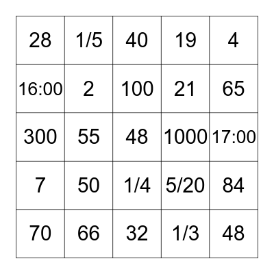Mental Math Bingo Card