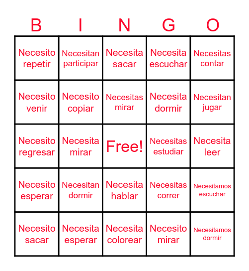 NEED + VERB Bingo Card