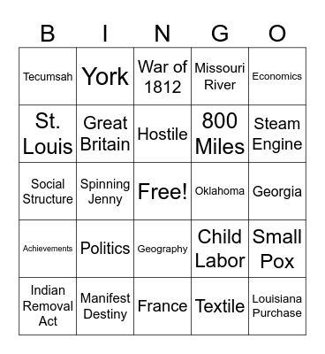 Trail of Tears / Industrial Revolution Bingo Card