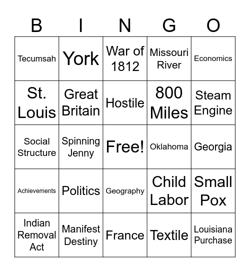 Trail of Tears / Industrial Revolution Bingo Card