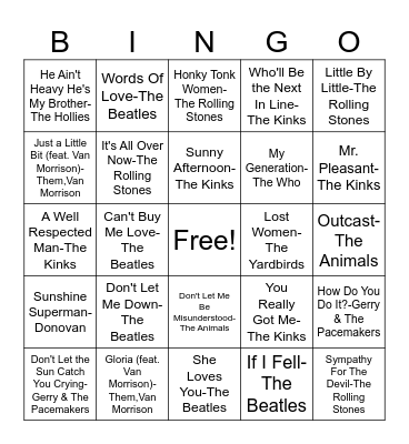 British Invasion Bingo Card
