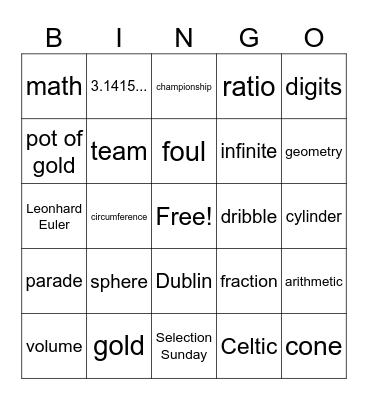 Pi Day | St. Patrick's Day | March Madness Bingo Card