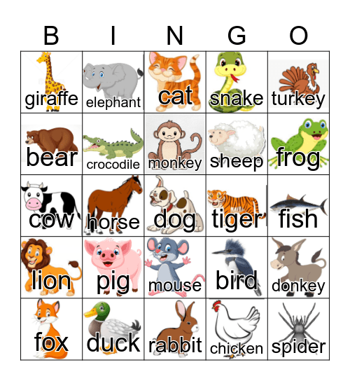 Animals Bingo Card