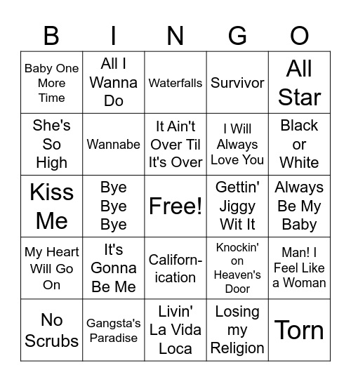 1990s BINGO by Song Bingo Card